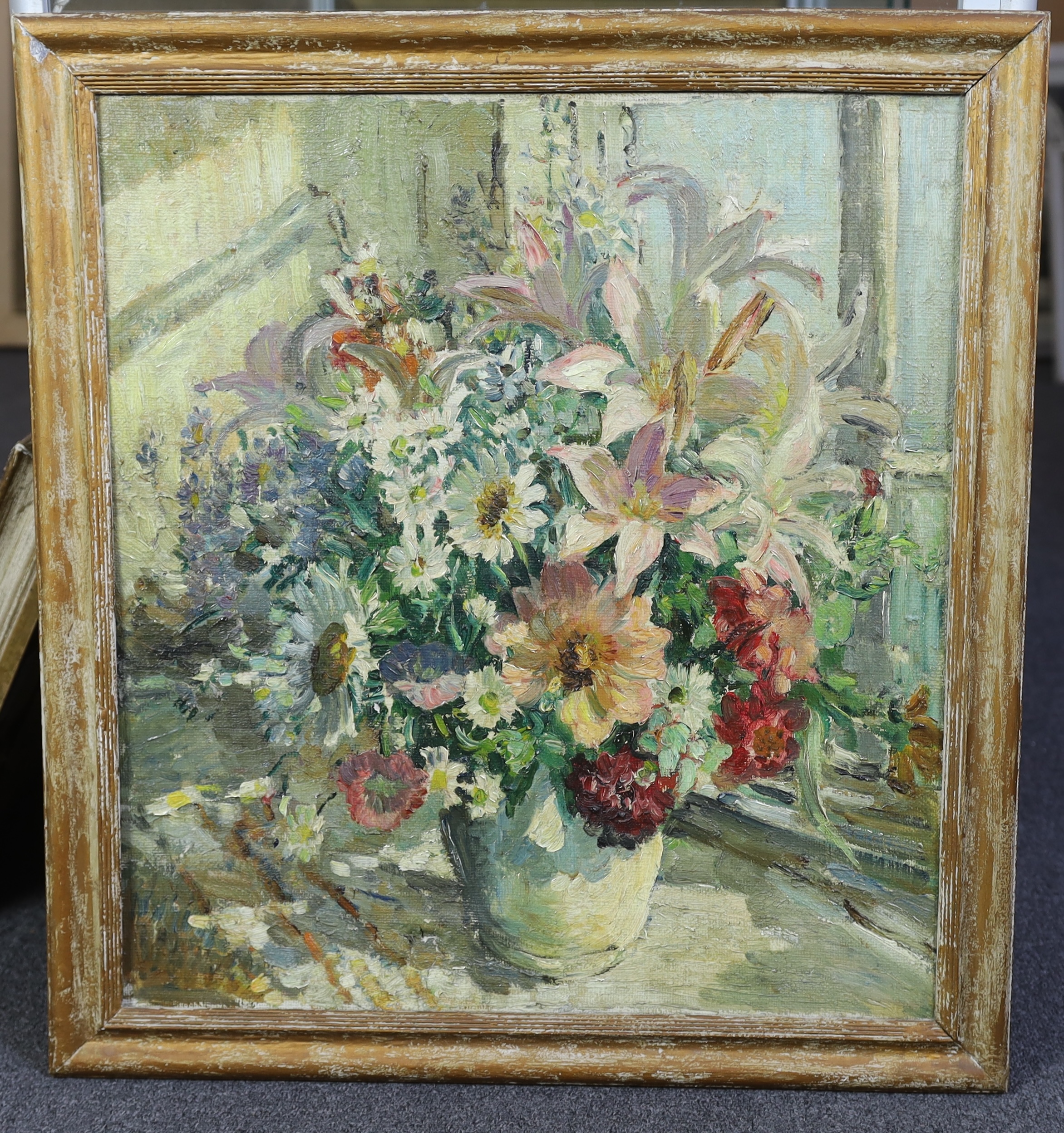 Attributed to Dorothea Sharp ROI RBA (1873-1955), Still life of summer flowers in a white vase, oil on canvas, 56 x 50cm